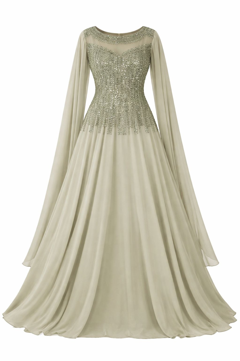 Luxury Sage Green Embellished Cape Maxi Gown