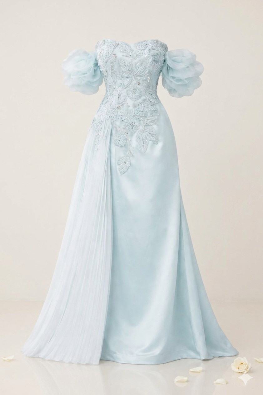 Luxury Mint Blue Off-Shoulder Evening Gown with Embroidered Bodice & Pleated Panel