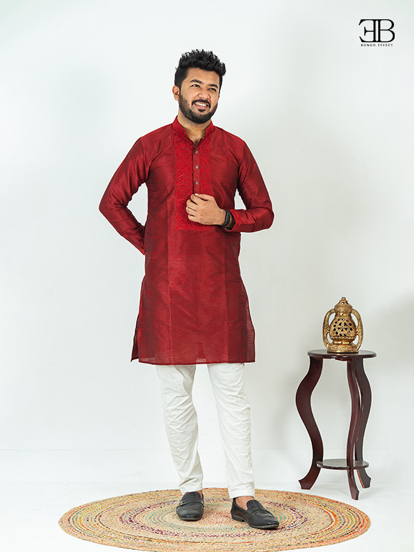 Premium Maroon Embroidery Silk Panjabi
