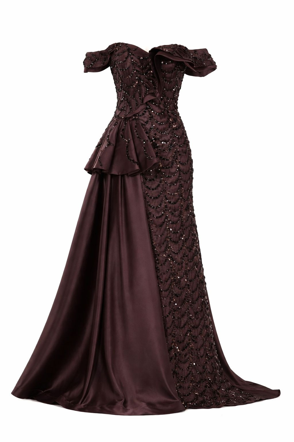 Luxury Off-Shoulder Sequin Evening Gown with Draped Satin Skirt