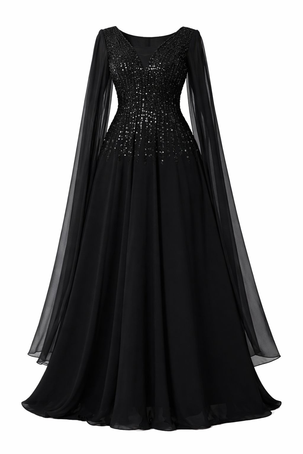 Luxury Sequin Embellished Evening Gown with Sheer Cape Sleeves