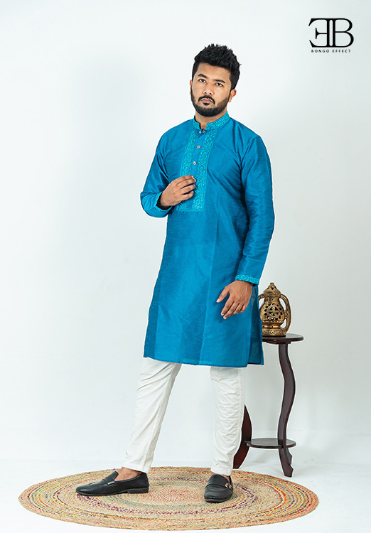 Teal Embroidery Silk Panjabi