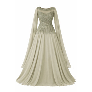 Luxury Sage Green Embellished Cape Maxi Gown