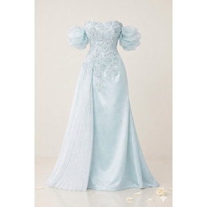 Luxury Mint Blue Off-Shoulder Evening Gown with Embroidered Bodice & Pleated Panel