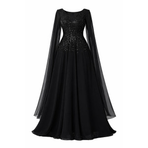 Luxury Sequin Embellished Evening Gown with Sheer Cape Sleeves