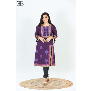 Purple Cotton Intricated Neck Block Kurti