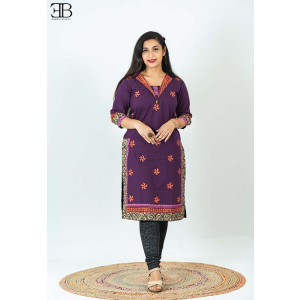 Purple V Cut Collar Cotton Block Kurti