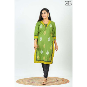 Light Green V Cut Collar Cotton Block Kurti