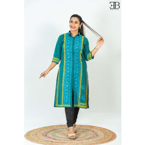 Teal Cutaway Collar Cotton Block Kurti