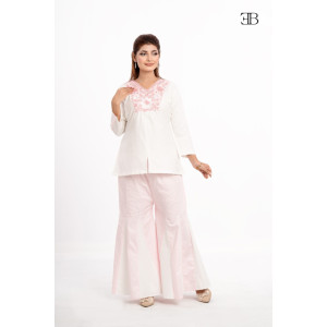 White & Pink Embroidered Gharara Set