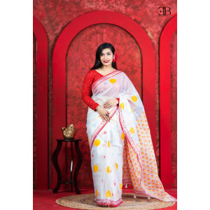 White Ball Cotton Block Saree