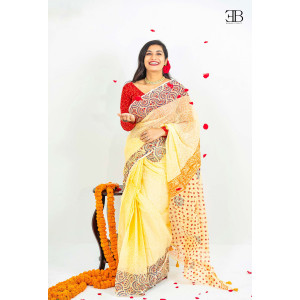Bright Yellow Cotton Block Saree