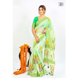 Lime Green Cotton Block Saree