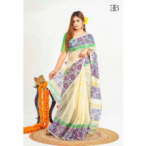 Off White Cotton Block Saree