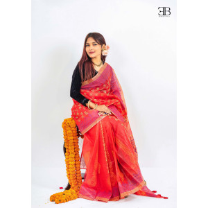 Red Cotton Block Saree