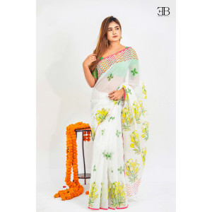 White Kodom Cotton Block Saree