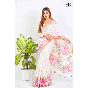 White Pink Cotton Block Saree
