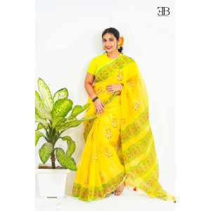 Yellow Cotton Block Saree